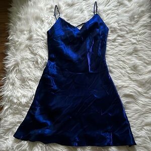 Vtg Celavie Collection Blue Satin Midi Dress w/Floral Cross Strap Back Large